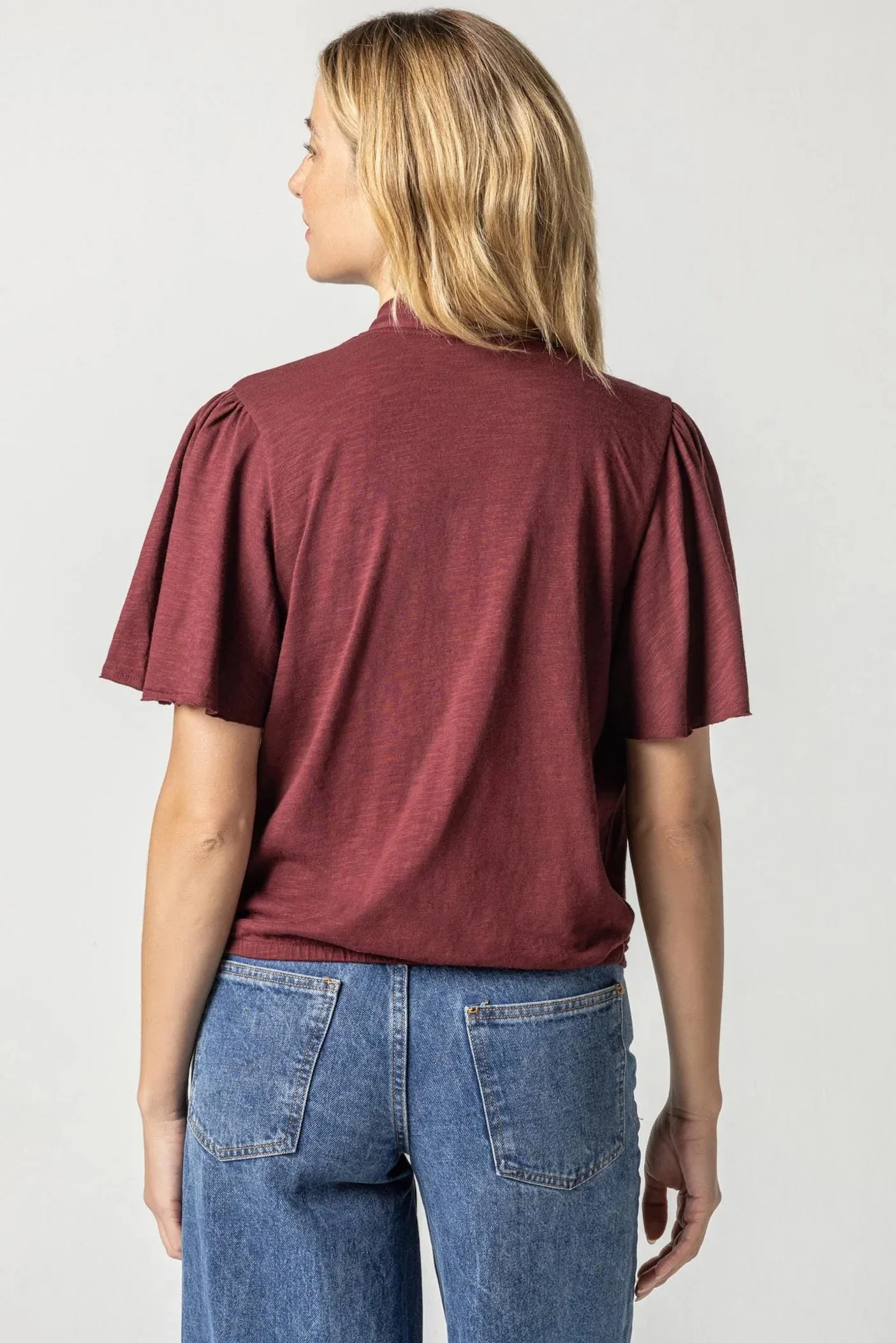 faux wrap flutter sleeve top