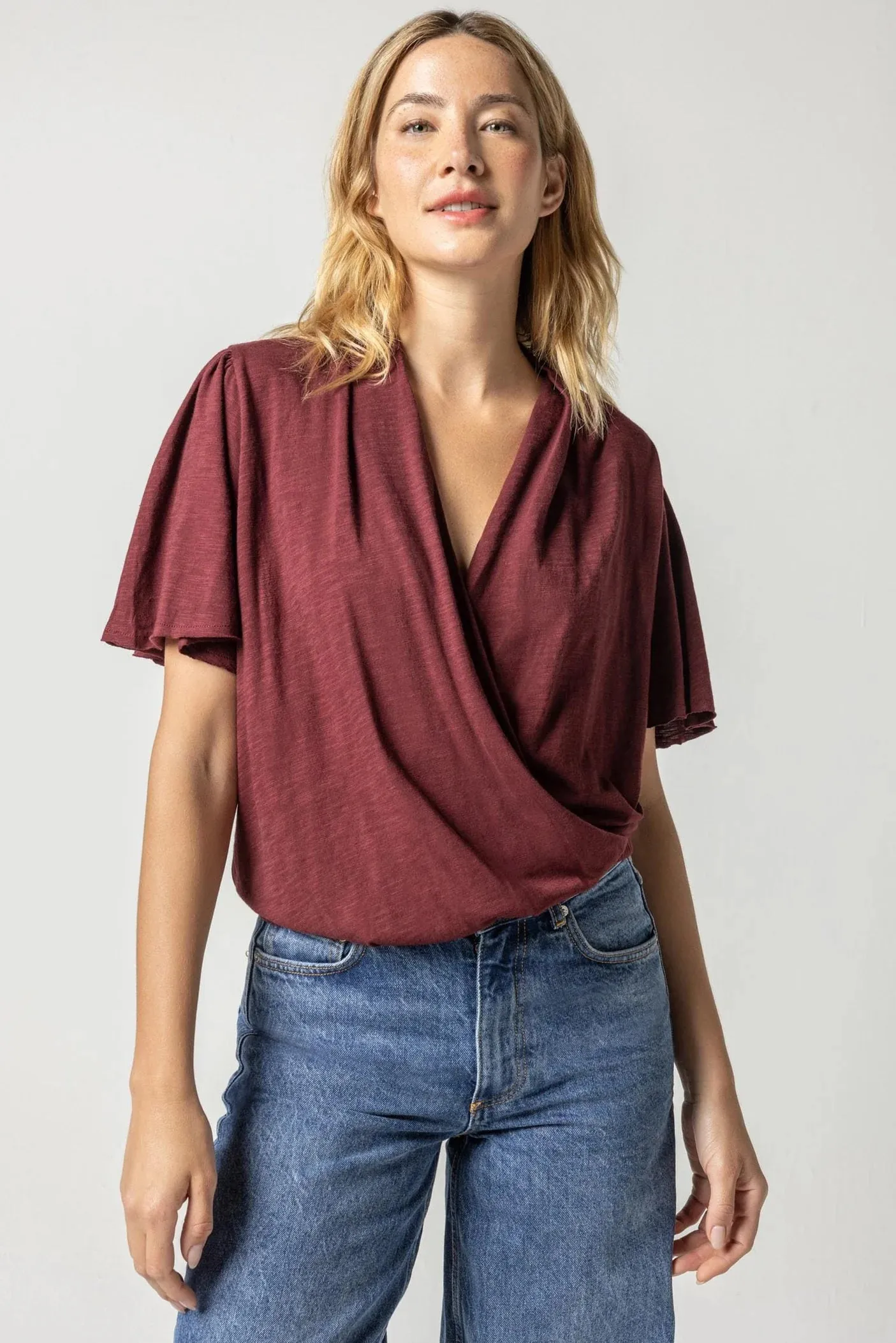 faux wrap flutter sleeve top