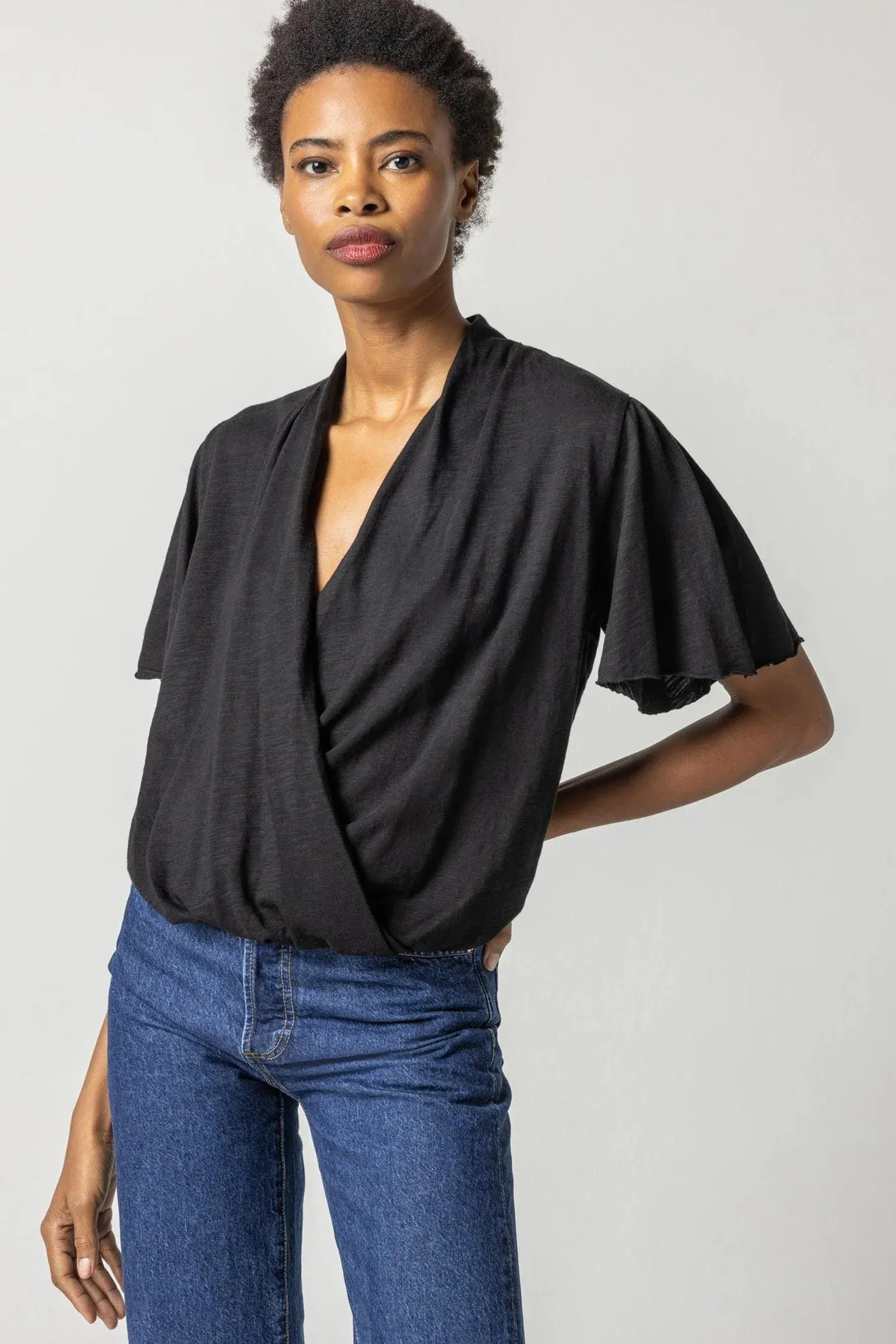 faux wrap flutter sleeve top