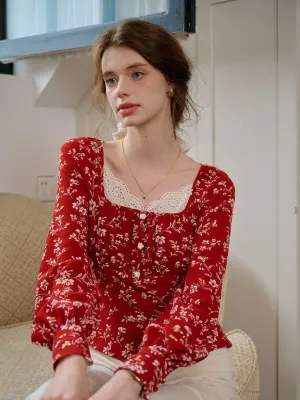 【Final Sale】Kairi Square Collar Lace Floral Blouse