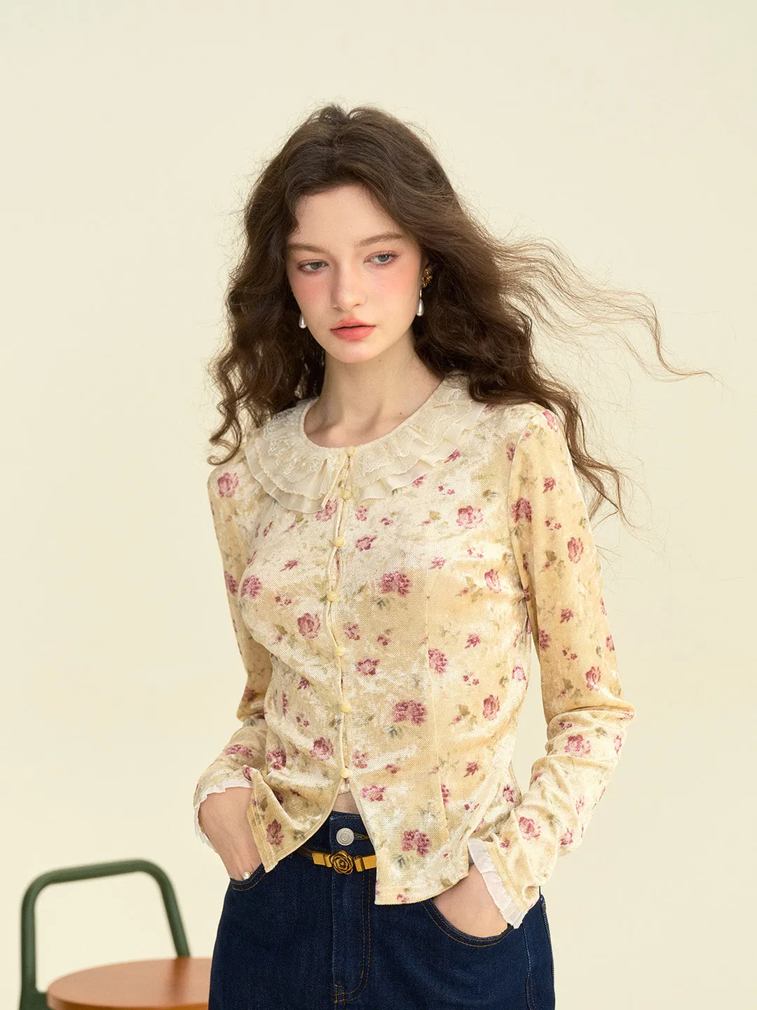 【Final Sale】Savannah Round Neck Lace Collar Floral Blouse