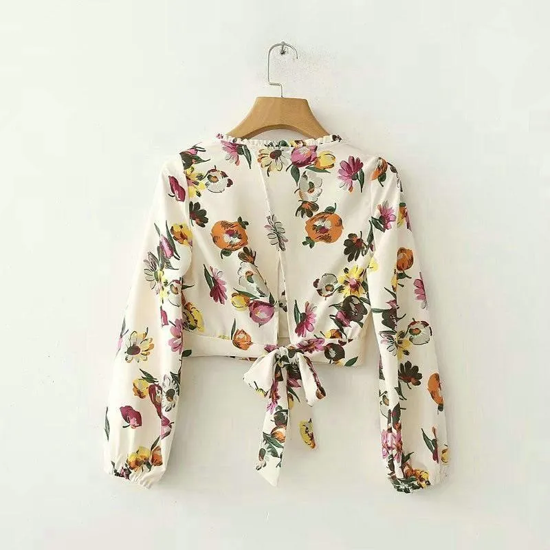 Floral Bow Tie Crop Blouse