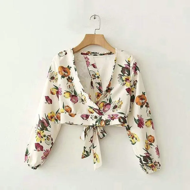 Floral Bow Tie Crop Blouse