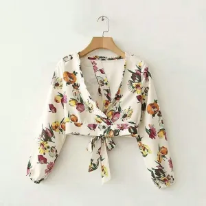 Floral Bow Tie Crop Blouse