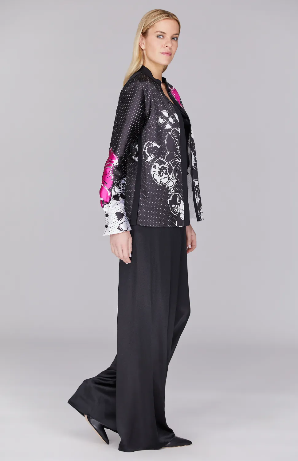 Floral Polka Dot Mandarin Collar Blouse w/ Relaxed Sleeve
