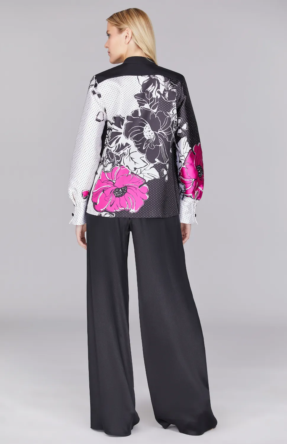Floral Polka Dot Mandarin Collar Blouse w/ Relaxed Sleeve