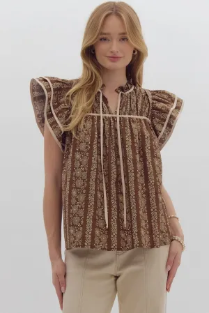 Floral Tiered Sleeve Top {Brown}