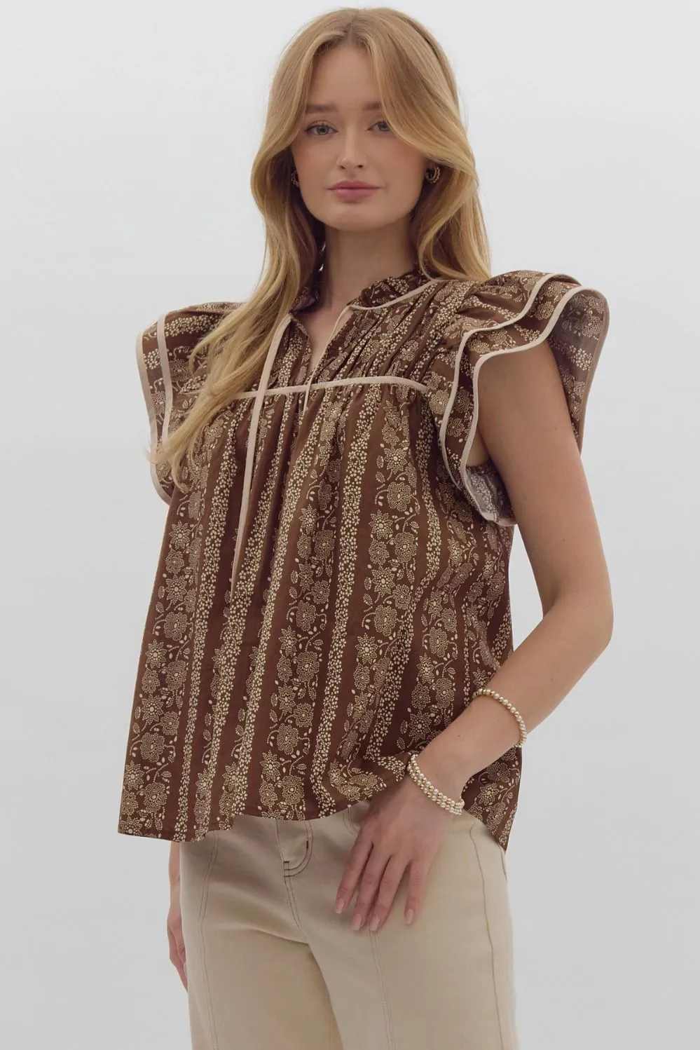 Floral Tiered Sleeve Top {Brown}
