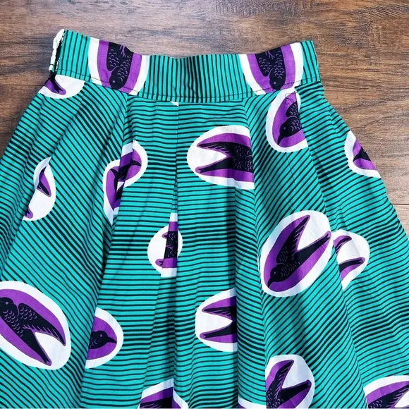 Francis   Benedict • pleated skirt African wax print cotton birds green purple