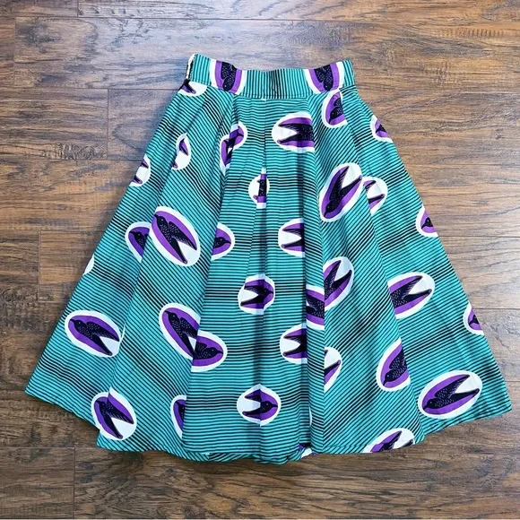 Francis   Benedict • pleated skirt African wax print cotton birds green purple