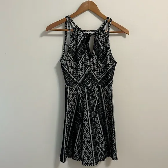 Free People Missed Connections black white fit &amp; flare mini pattern dress 6 Y2K