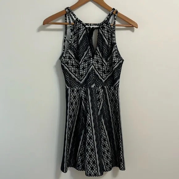 Free People Missed Connections black white fit &amp; flare mini pattern dress 6 Y2K