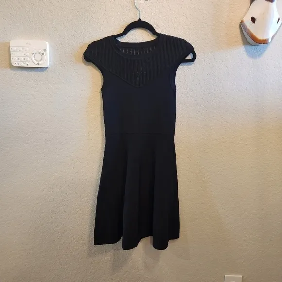 French Connection Rose Crepe Mesh Fit and Flare skater swing Dress sz 4 black