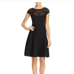 French Connection Rose Crepe Mesh Fit and Flare skater swing Dress sz 4 black