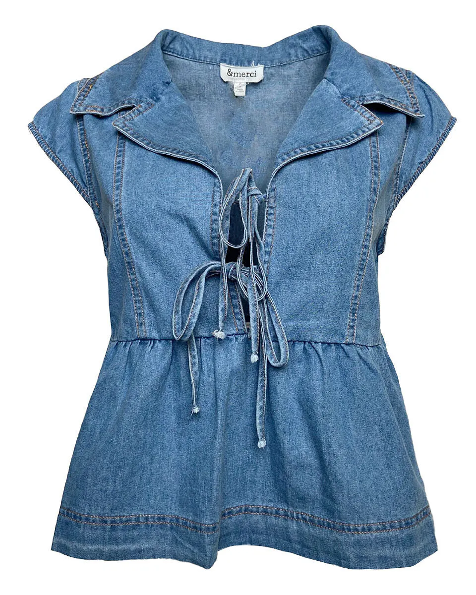 Front Tie Cap Sleeve Top in Blue Denim