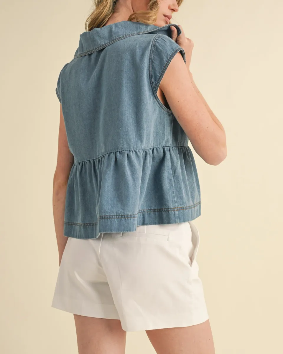 Front Tie Cap Sleeve Top in Blue Denim