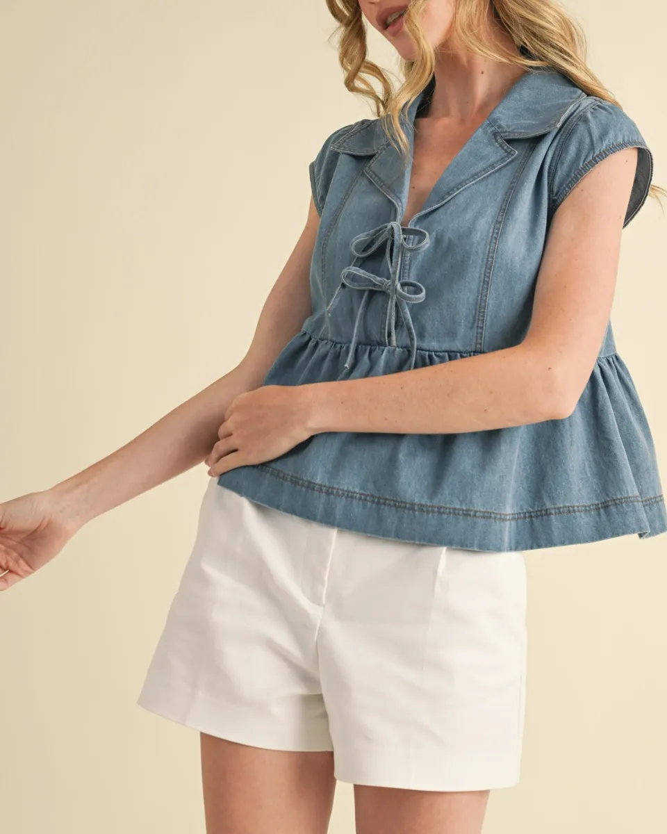 Front Tie Cap Sleeve Top in Blue Denim