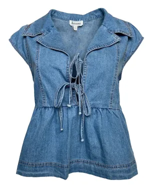 Front Tie Cap Sleeve Top in Blue Denim