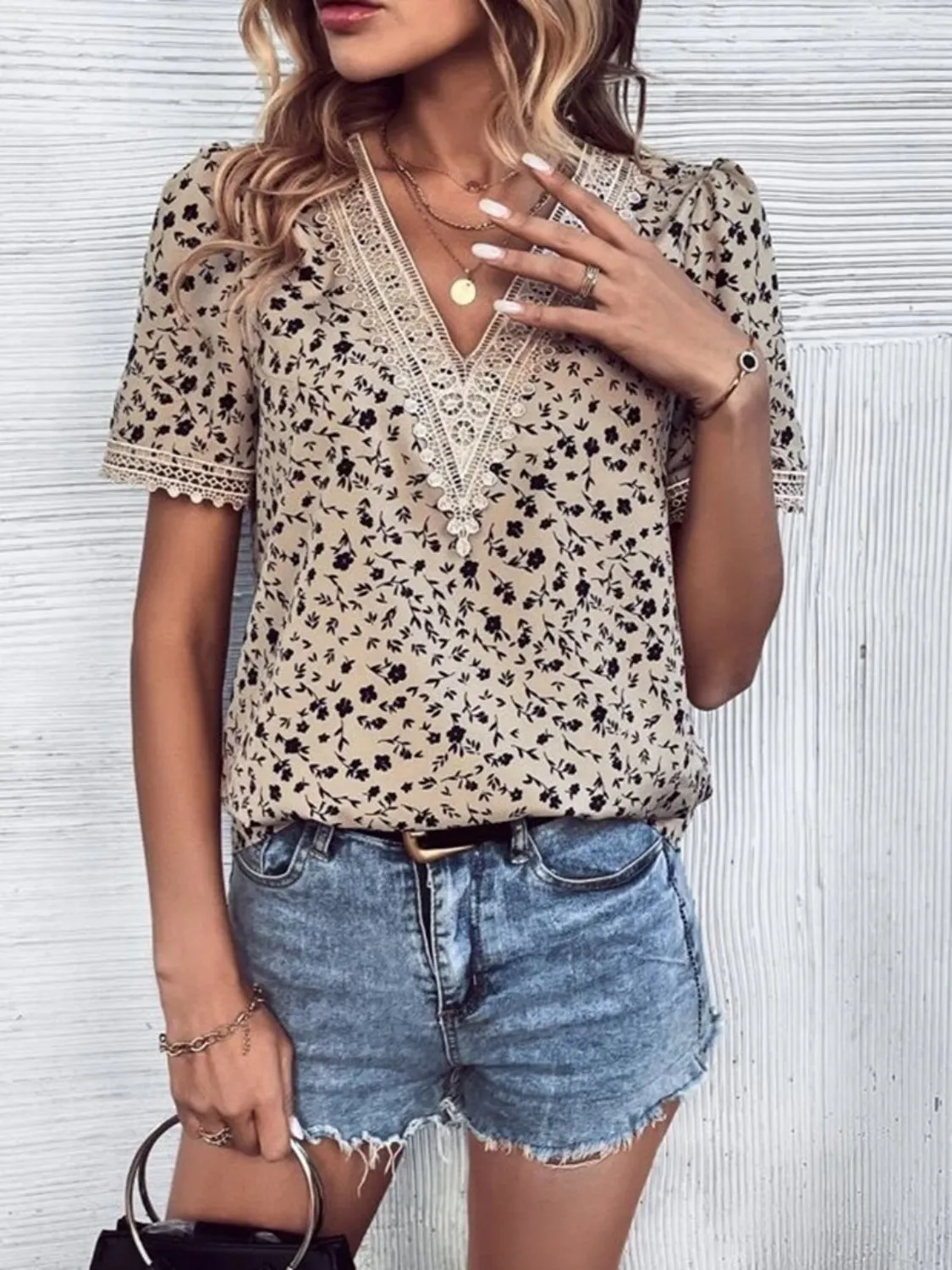 Full Size Printed V-Neck Short Sleeve Blouse Top