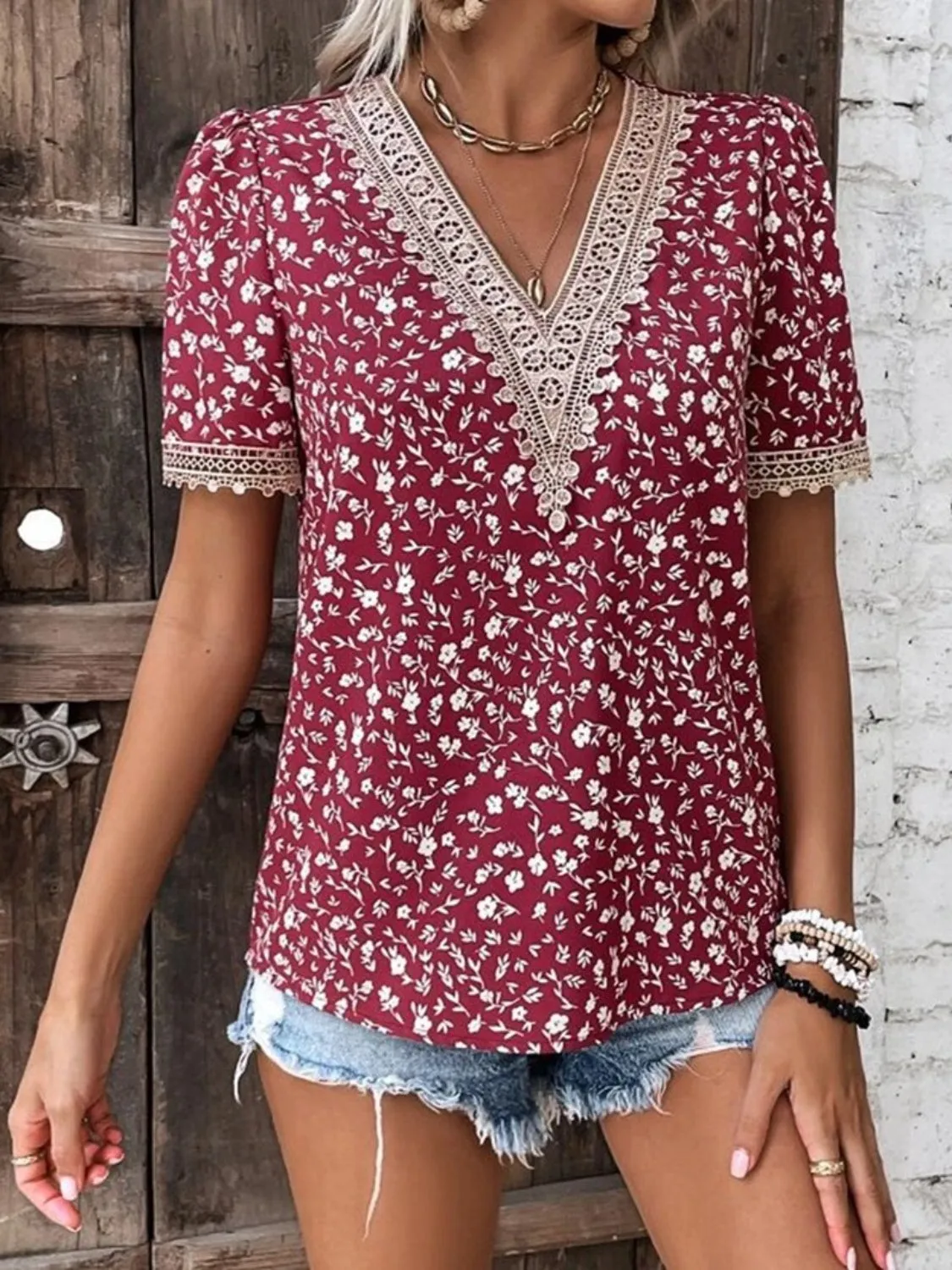 Full Size Printed V-Neck Short Sleeve Blouse Top