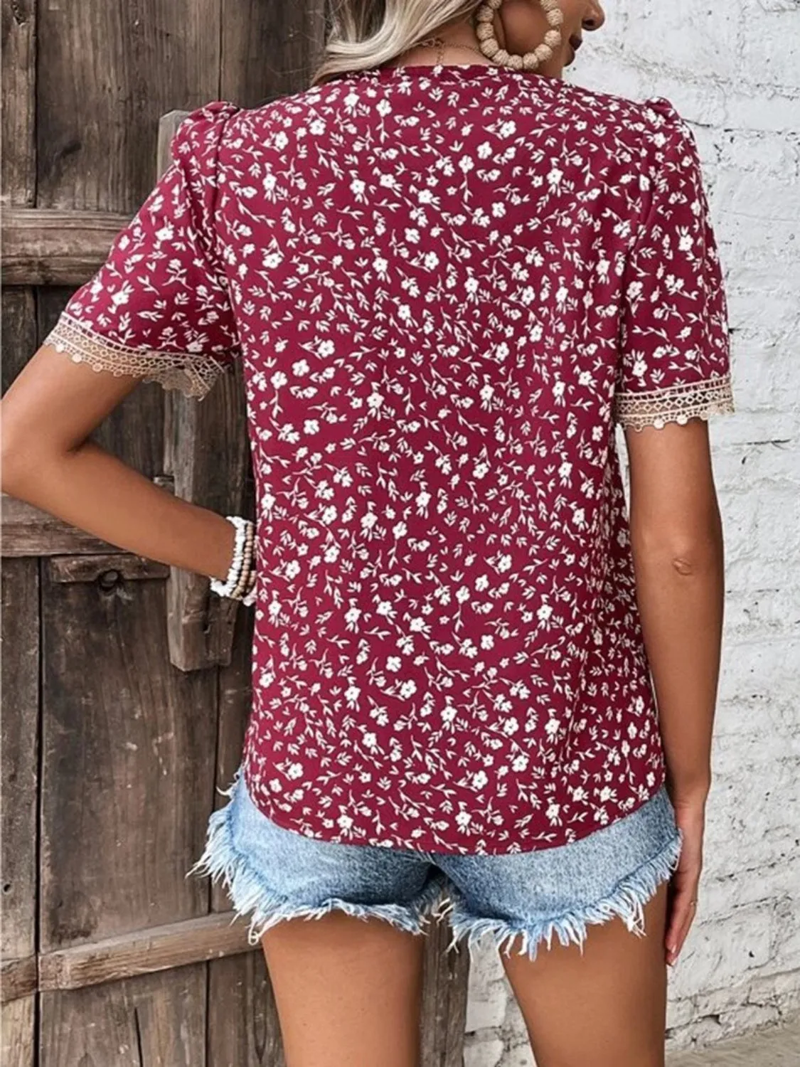 Full Size Printed V-Neck Short Sleeve Blouse Top