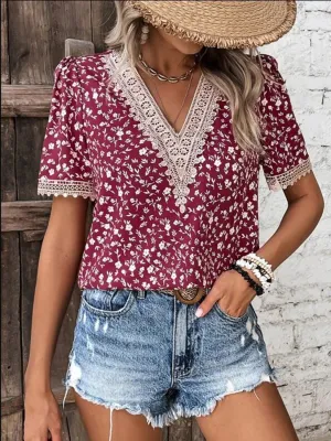 Full Size Printed V-Neck Short Sleeve Blouse Top