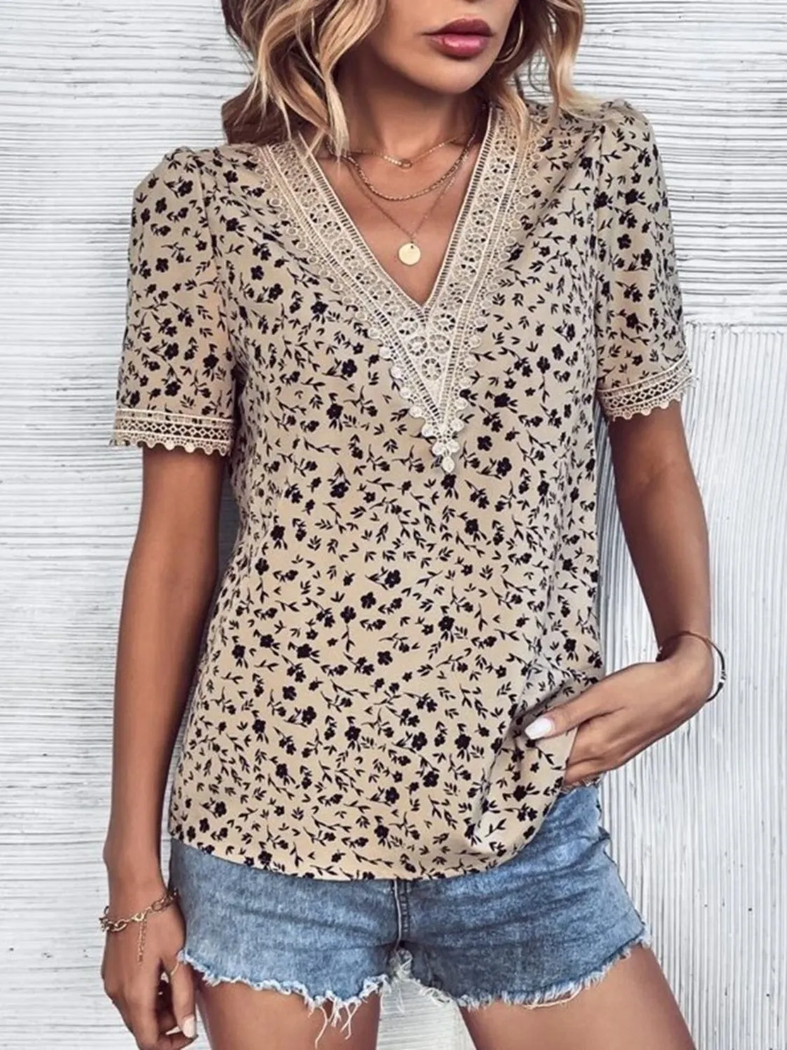 Full Size Printed V-Neck Short Sleeve Blouse Top
