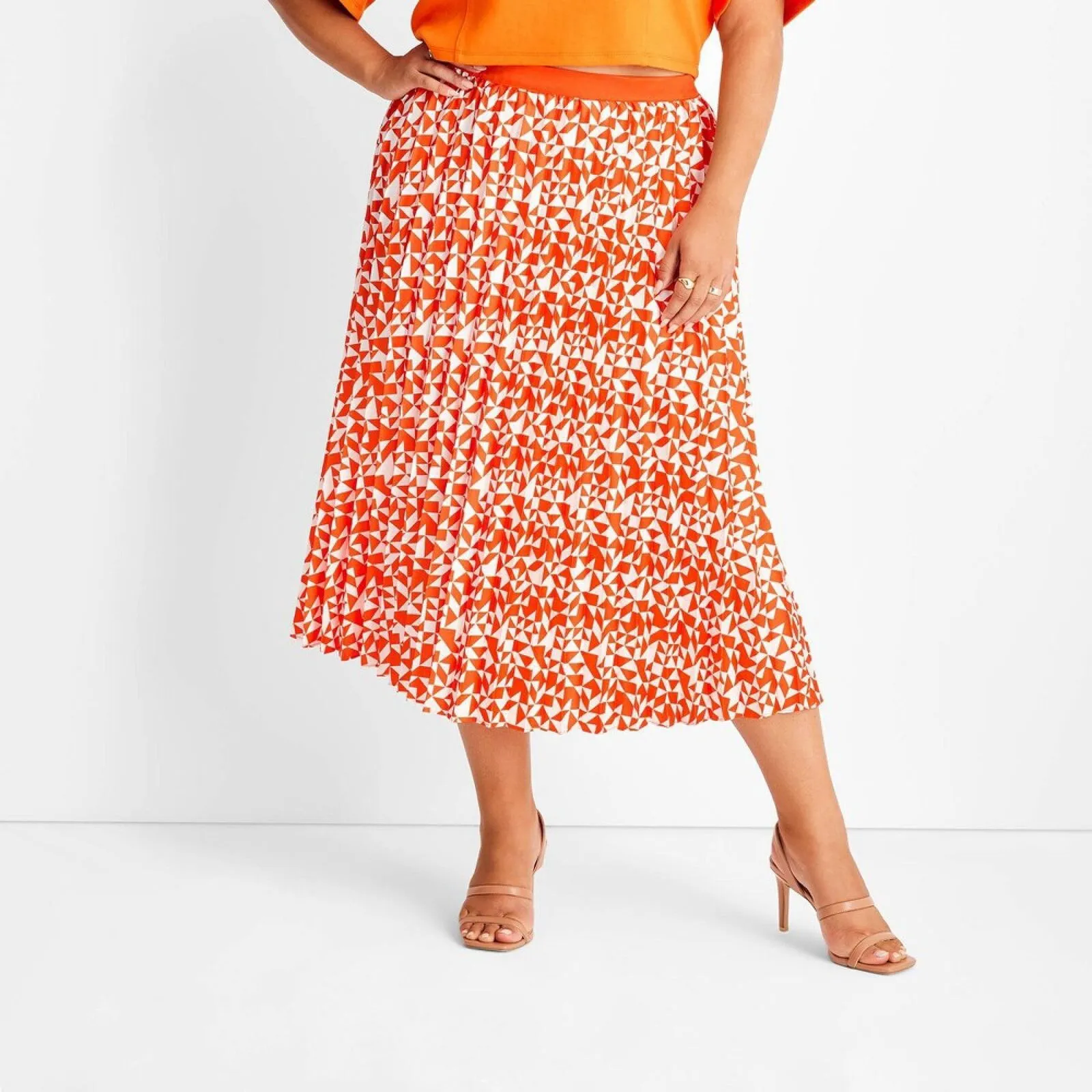 Future Collective With Kahlana Pleated A-Line Skirt Orange Geometric 24W / 26W