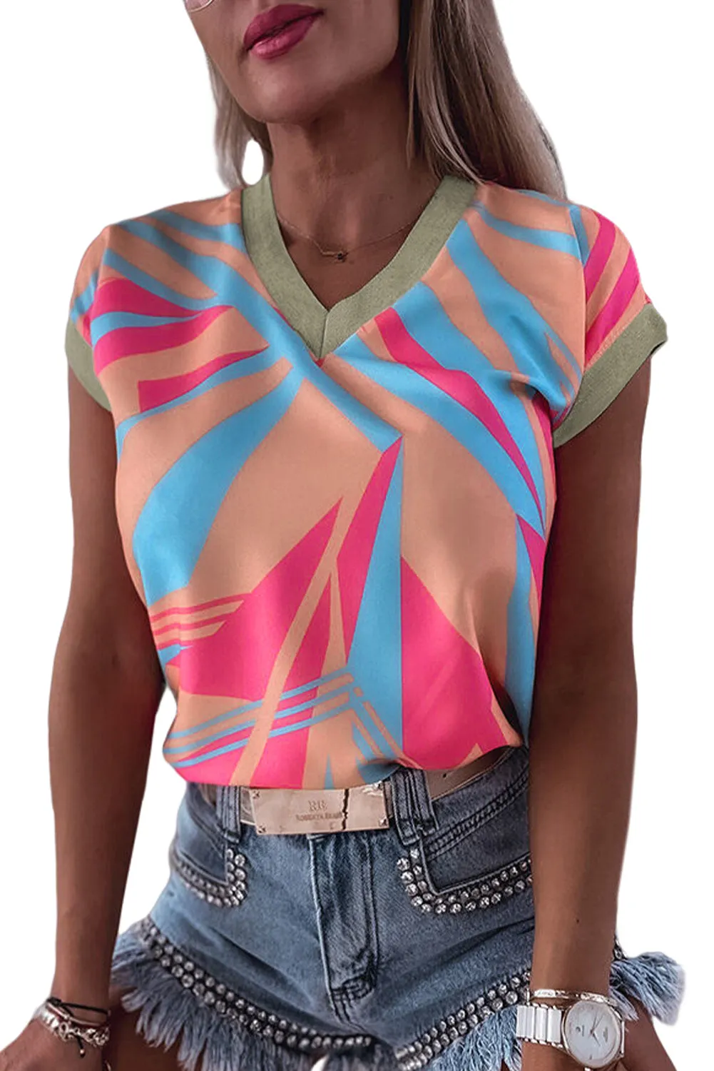 Geometric Print Contrast Trim V Neck Blouse
