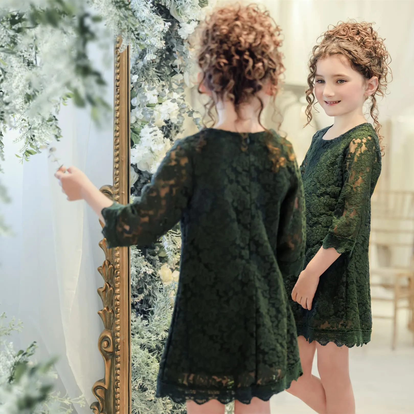 Girls' Boho Floral Lace Scalloped Hem Dress in Green
