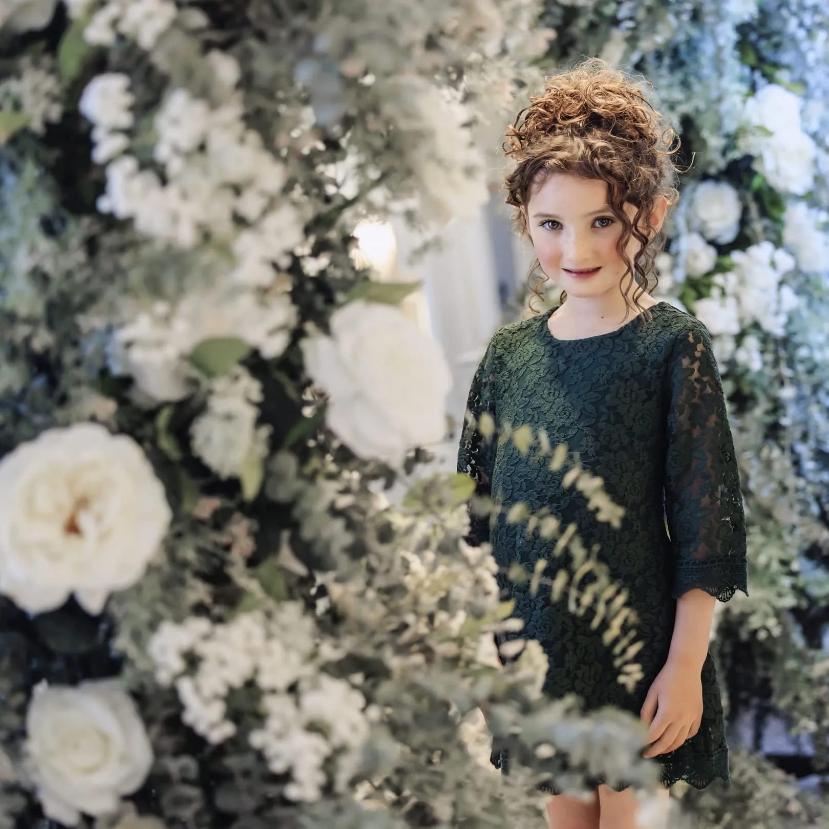 Girls' Boho Floral Lace Scalloped Hem Dress in Green