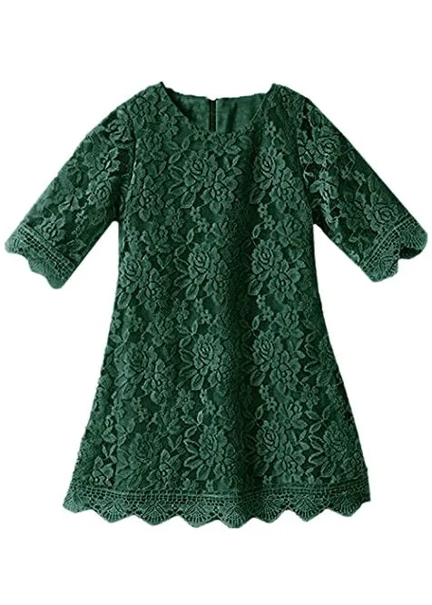 Girls' Boho Floral Lace Scalloped Hem Dress in Green