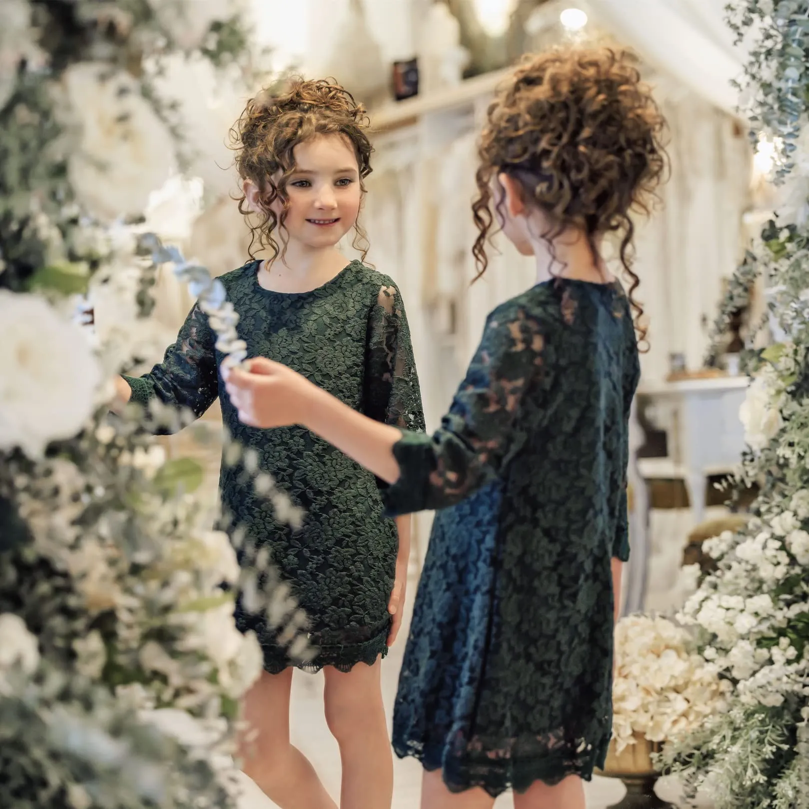 Girls' Boho Floral Lace Scalloped Hem Dress in Green