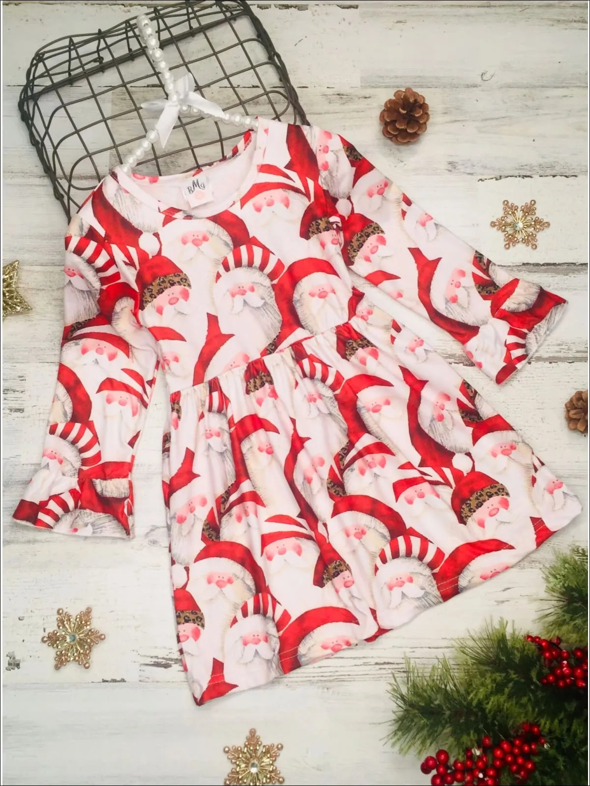 Girls Christmas Themed Santa Print Long Bell Sleeve Dress