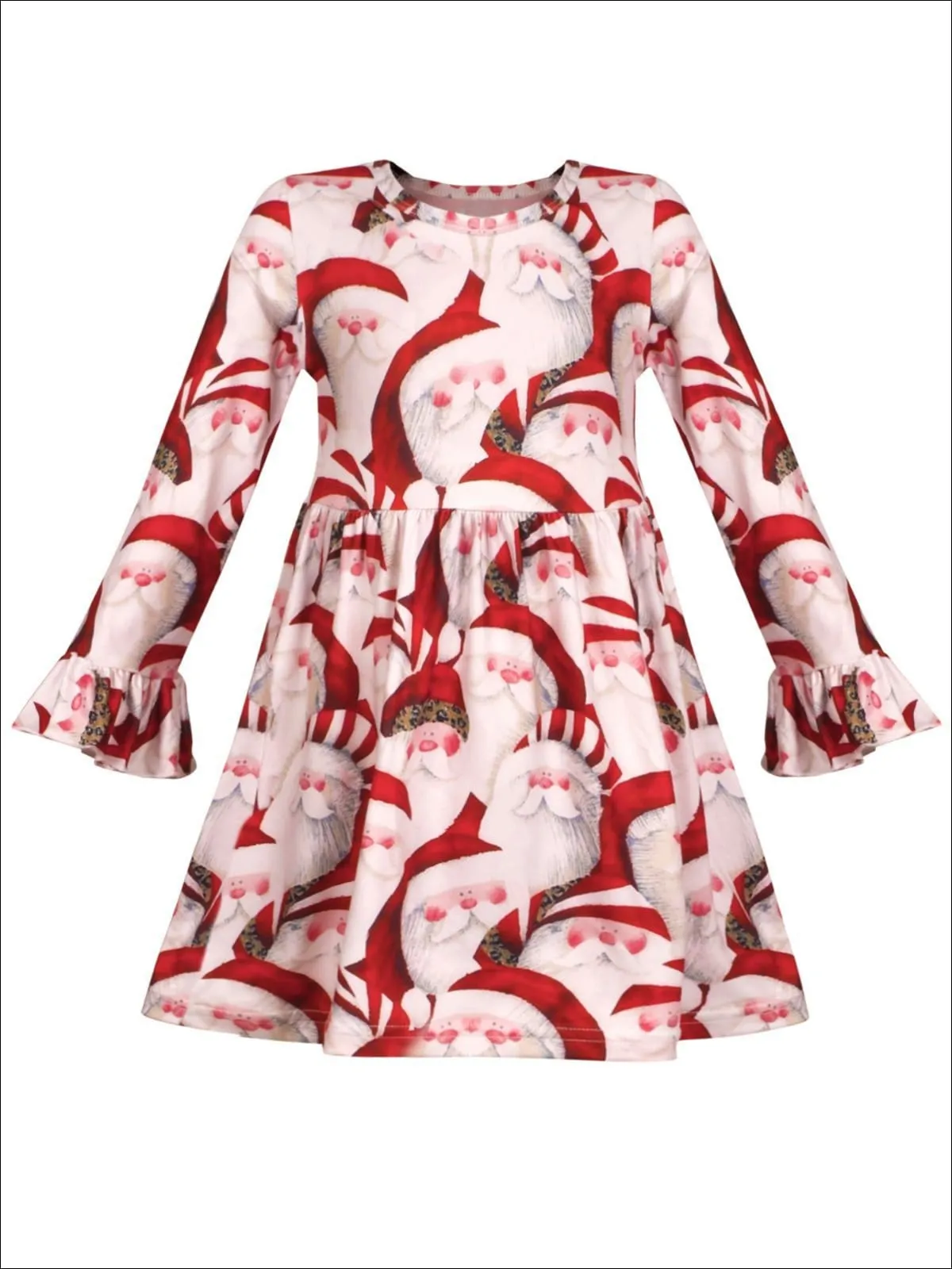 Girls Christmas Themed Santa Print Long Bell Sleeve Dress