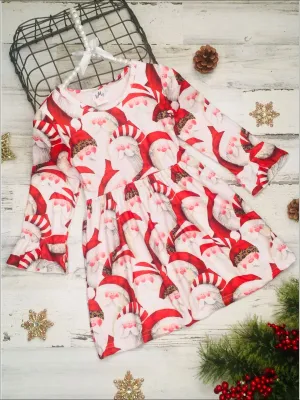Girls Christmas Themed Santa Print Long Bell Sleeve Dress