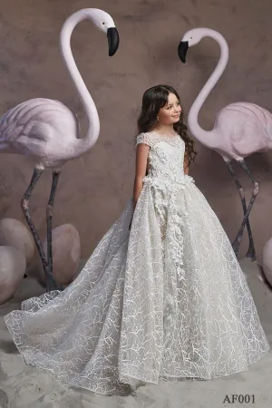Girls Fit and Flare Ivory Lace Flower Girl Dress