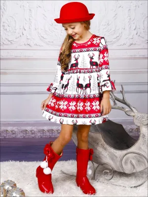 Girls Long Sleeve Moose Print Dress with Bell Sleeves