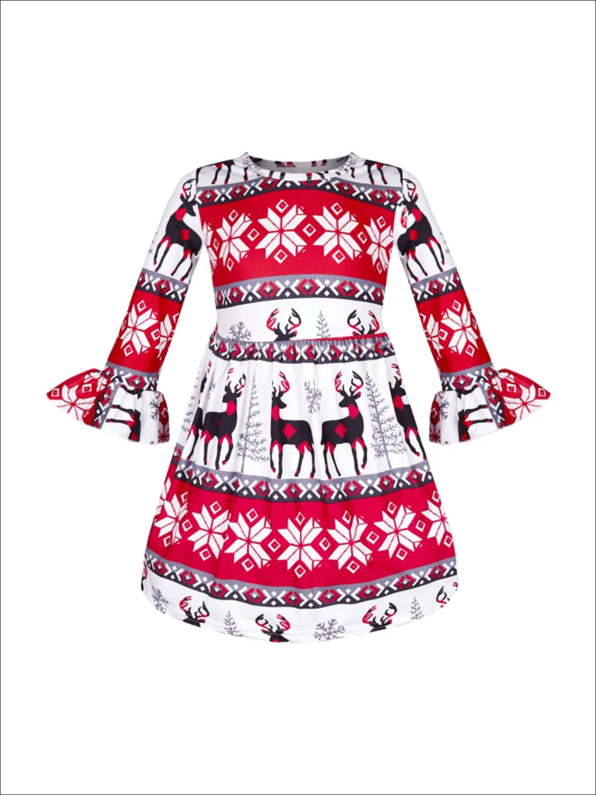 Girls Long Sleeve Moose Print Dress with Bell Sleeves