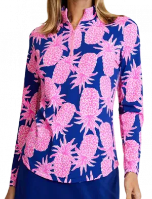 Gottex   Long Sleeve Zip Mock Neck - Pineapple Grove - Navy /Pink