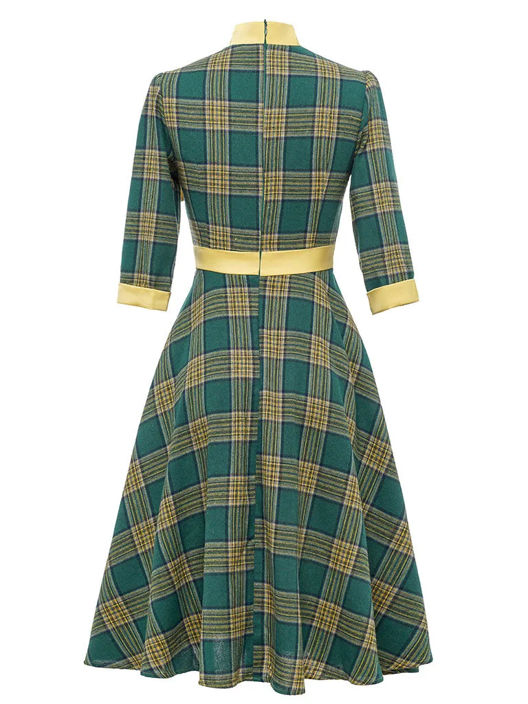 Green And Yellow Plaid 3/4 Sleeve 1950S Cotton Vintage Dress With Tie Collar