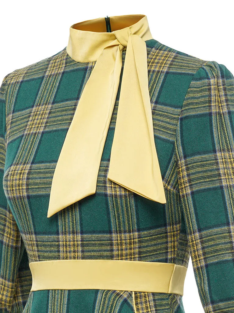 Green And Yellow Plaid 3/4 Sleeve 1950S Cotton Vintage Dress With Tie Collar