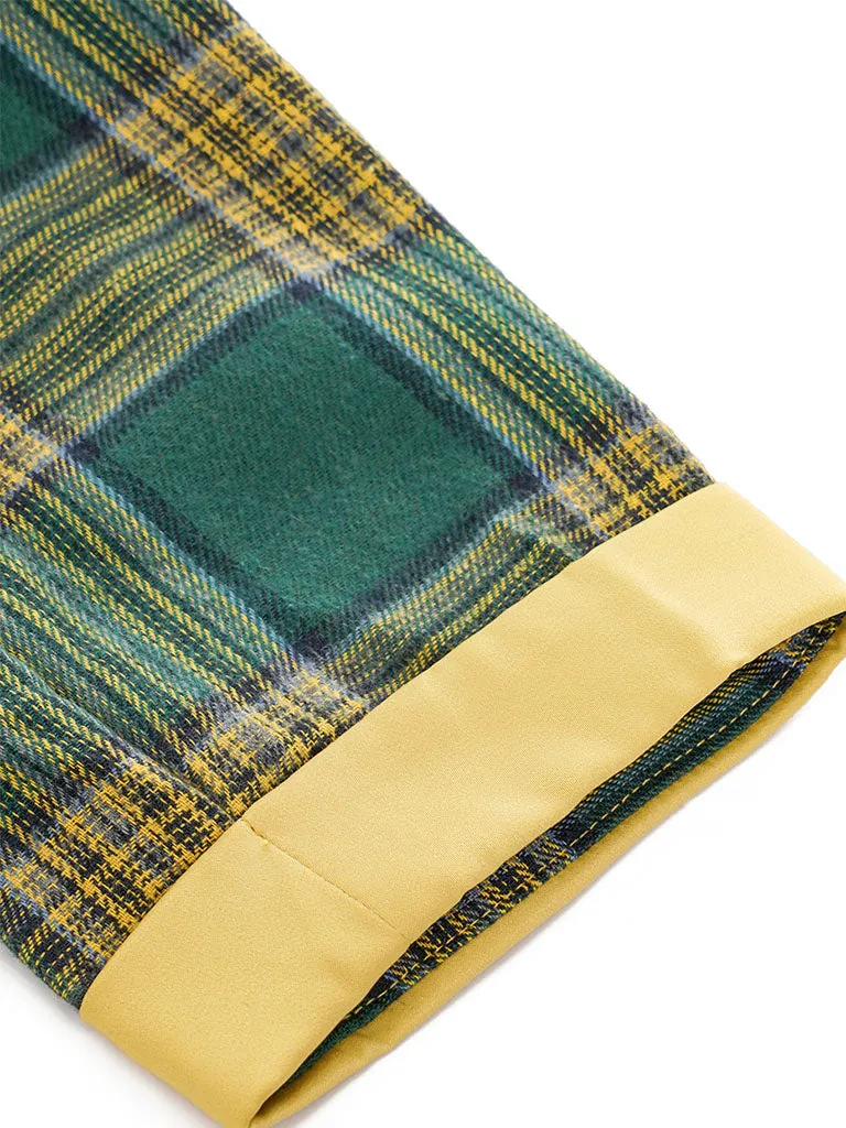 Green And Yellow Plaid 3/4 Sleeve 1950S Cotton Vintage Dress With Tie Collar