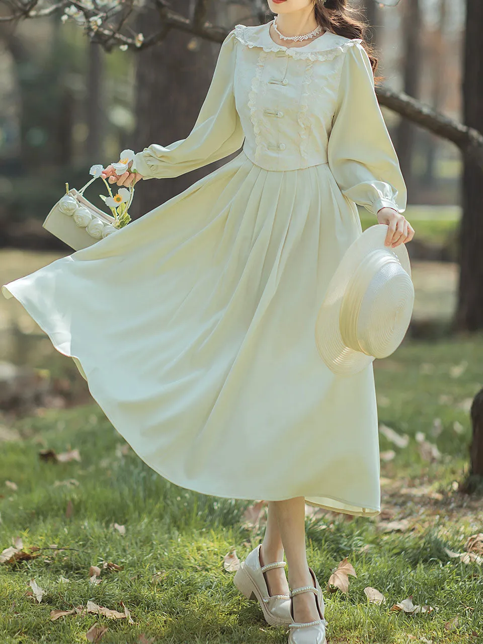 Green Peter Pan Long Sleeve Vintage 1950s Swing Dress