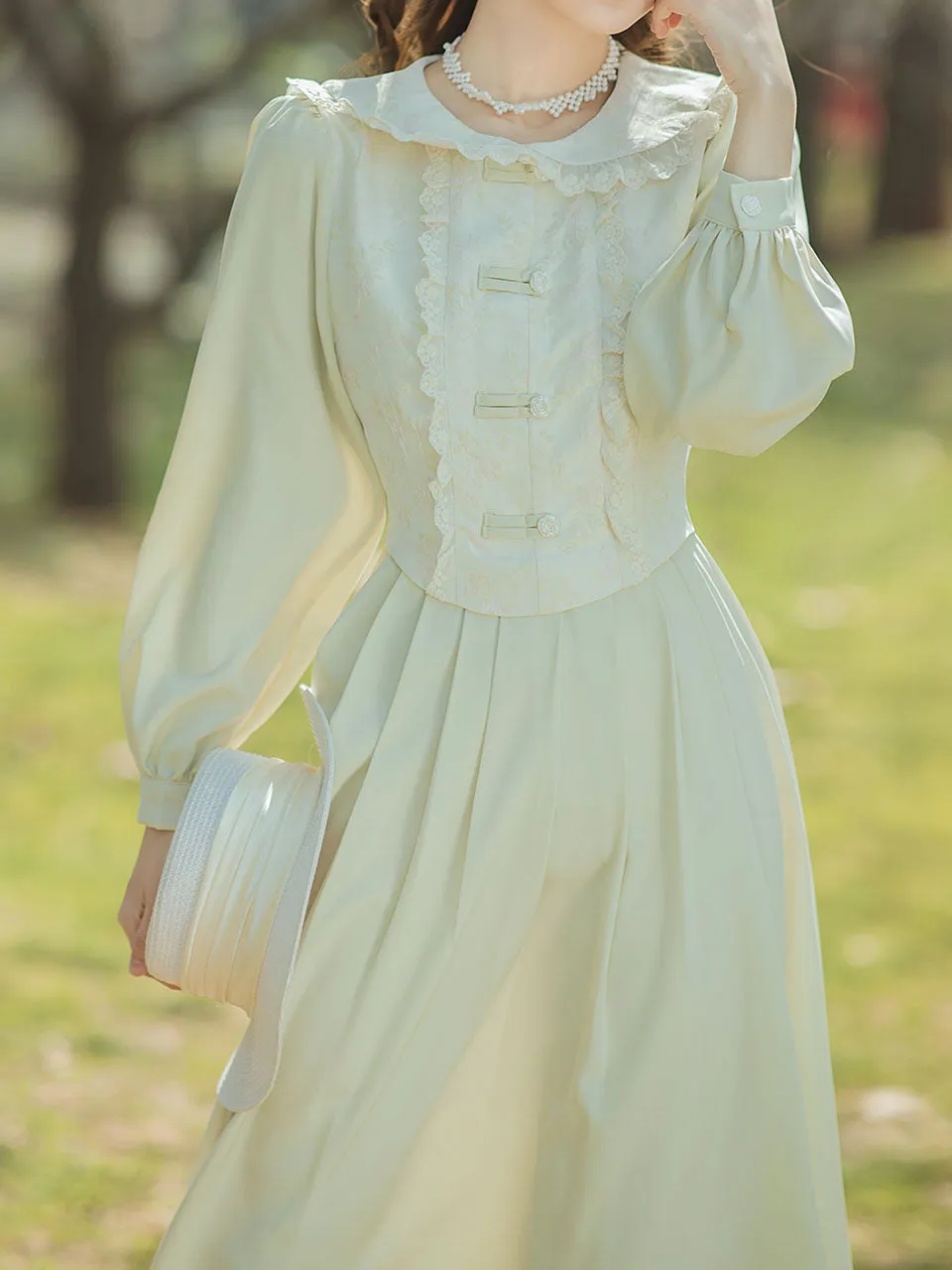 Green Peter Pan Long Sleeve Vintage 1950s Swing Dress