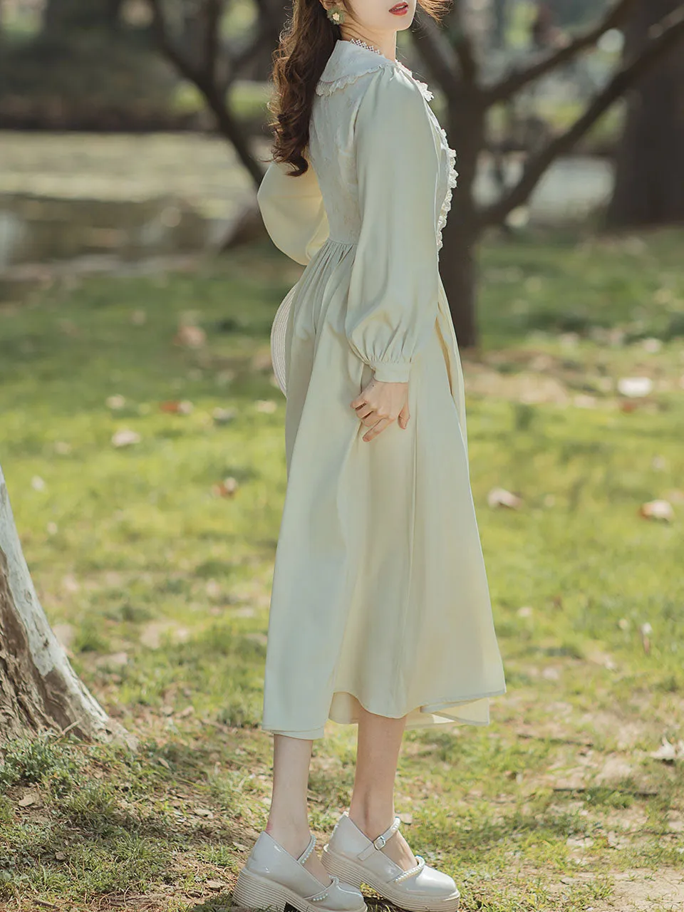 Green Peter Pan Long Sleeve Vintage 1950s Swing Dress