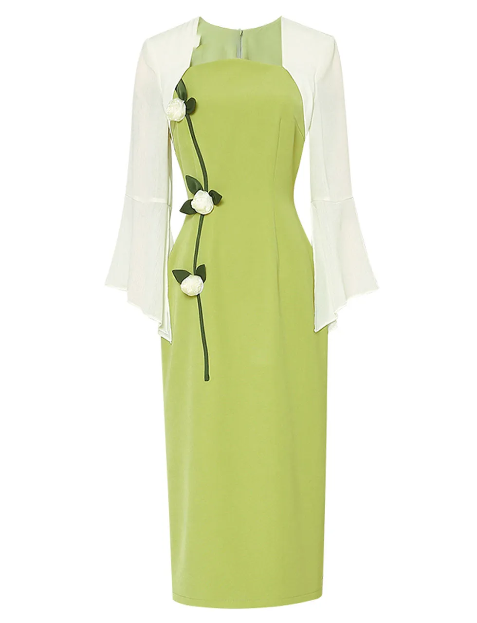 Green Square Collar Cape Sleeve Flower 1940S Vintage Dress