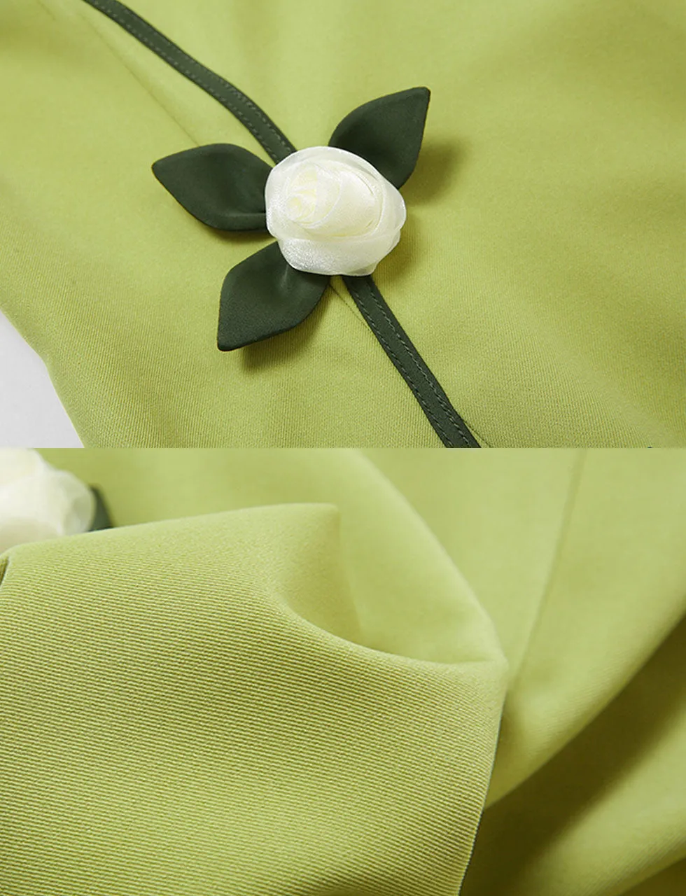 Green Square Collar Cape Sleeve Flower 1940S Vintage Dress