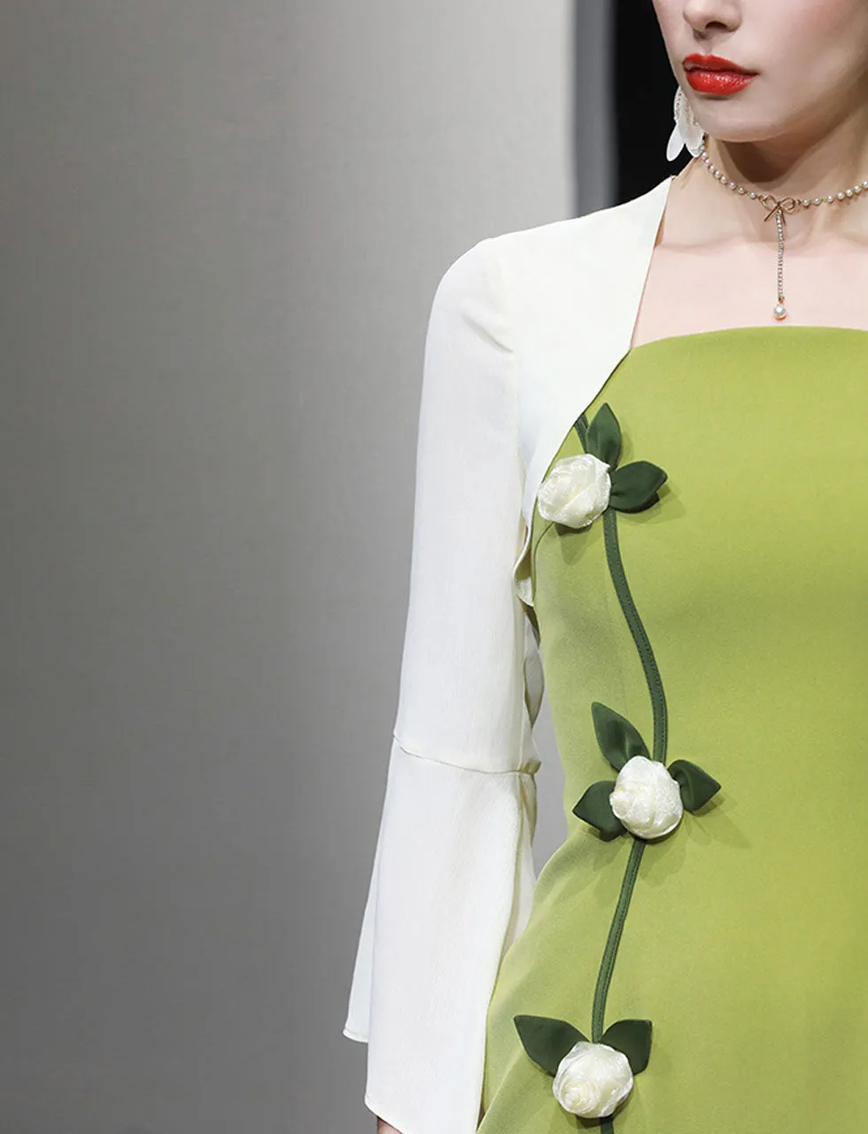 Green Square Collar Cape Sleeve Flower 1940S Vintage Dress
