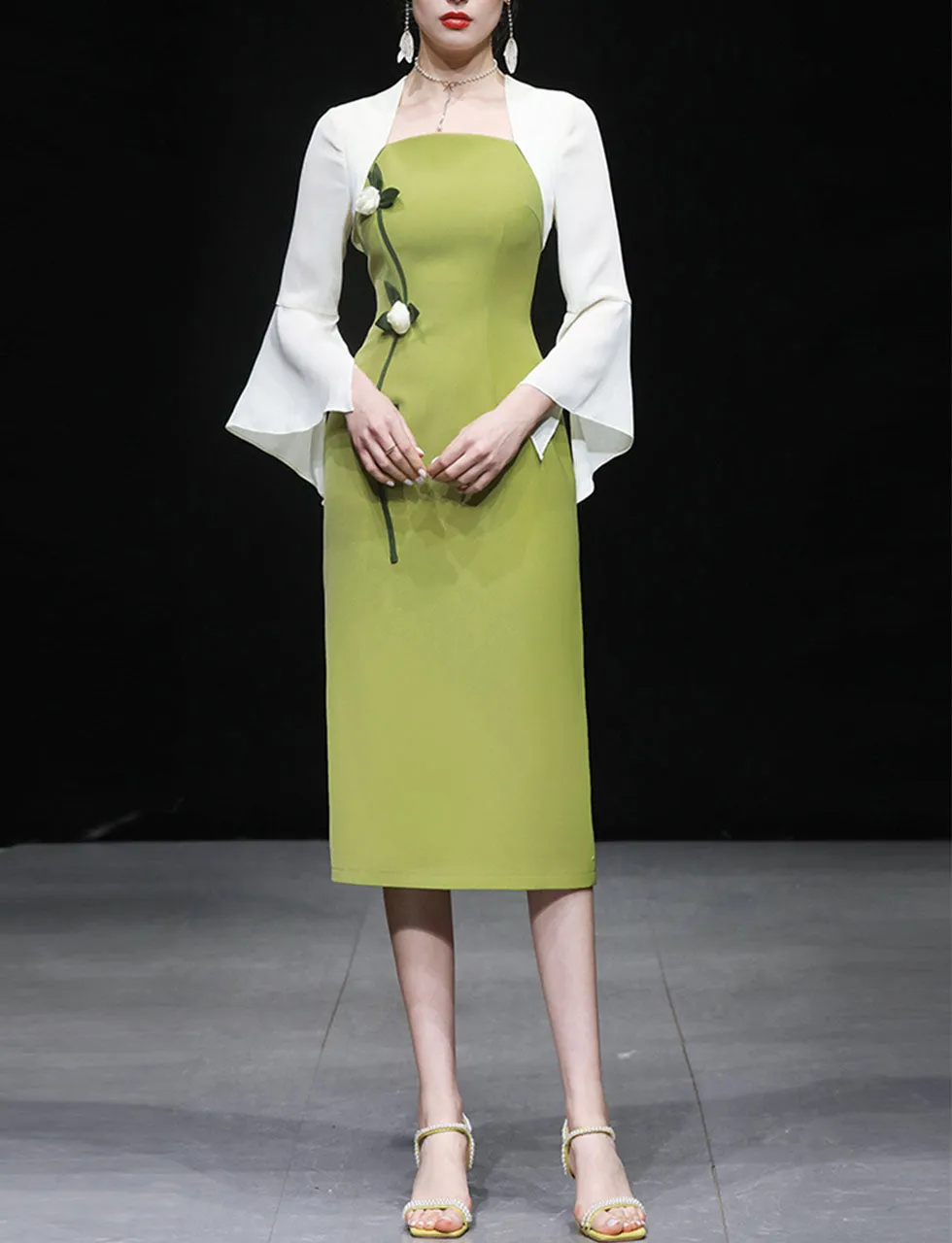 Green Square Collar Cape Sleeve Flower 1940S Vintage Dress